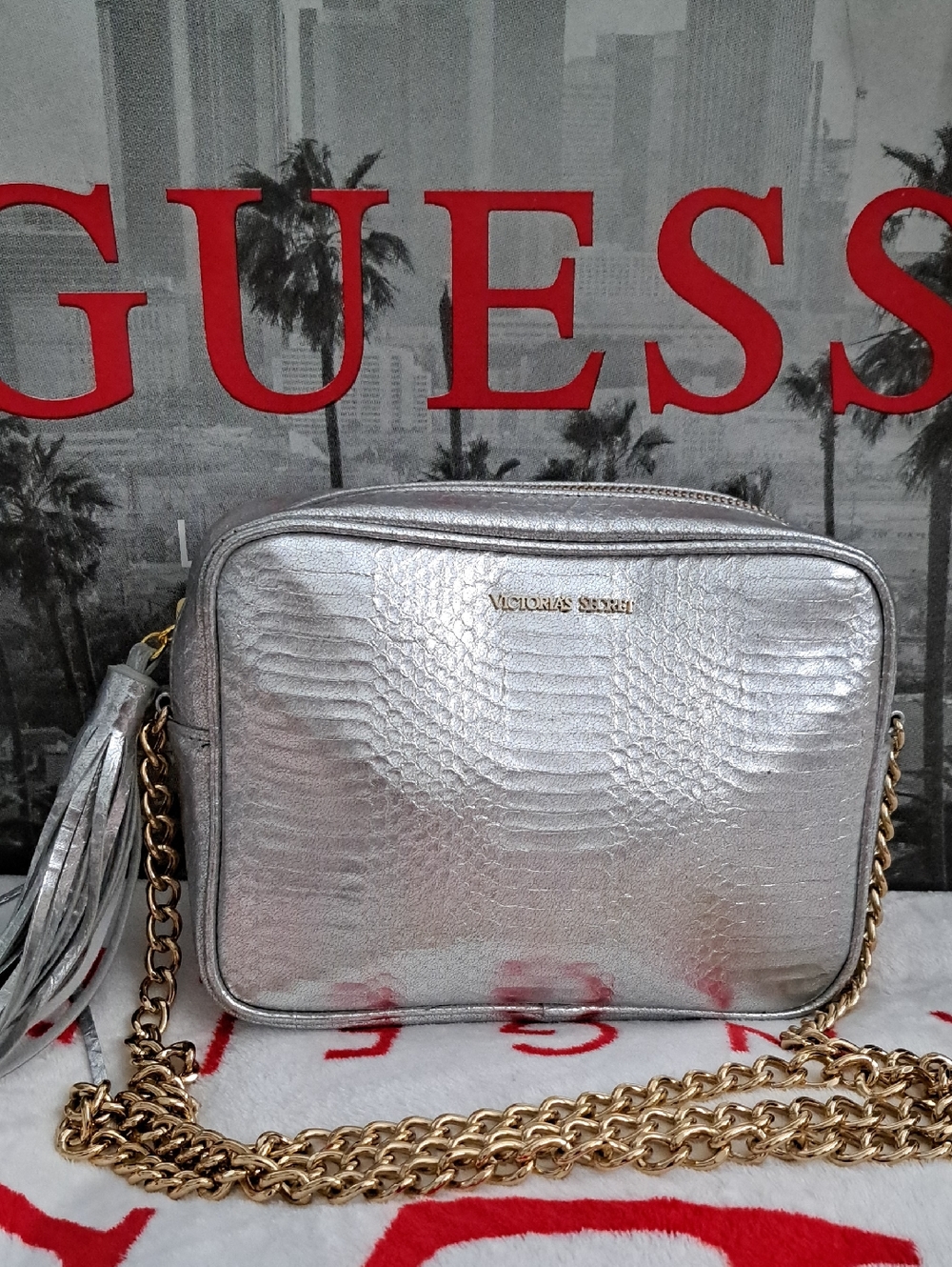 Victoria's Secret Metallic Silver Crossbody with Gold Chain